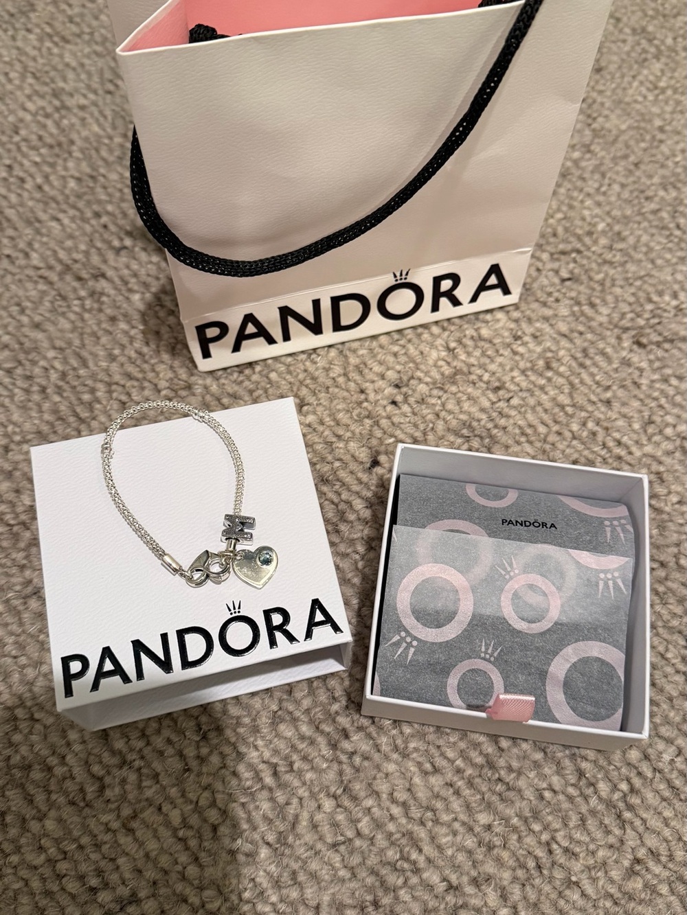 Pandora Silver Heart Charm Bracelet with Blue Stone